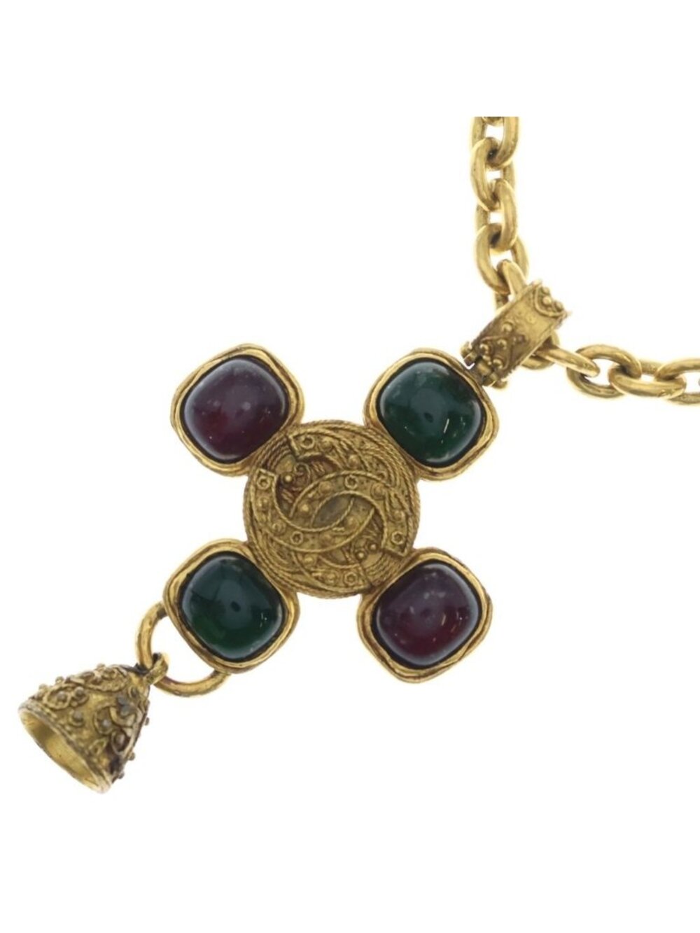 Chanel Cross Bell Motif Gripoix Chain Necklace Gold Red Green
